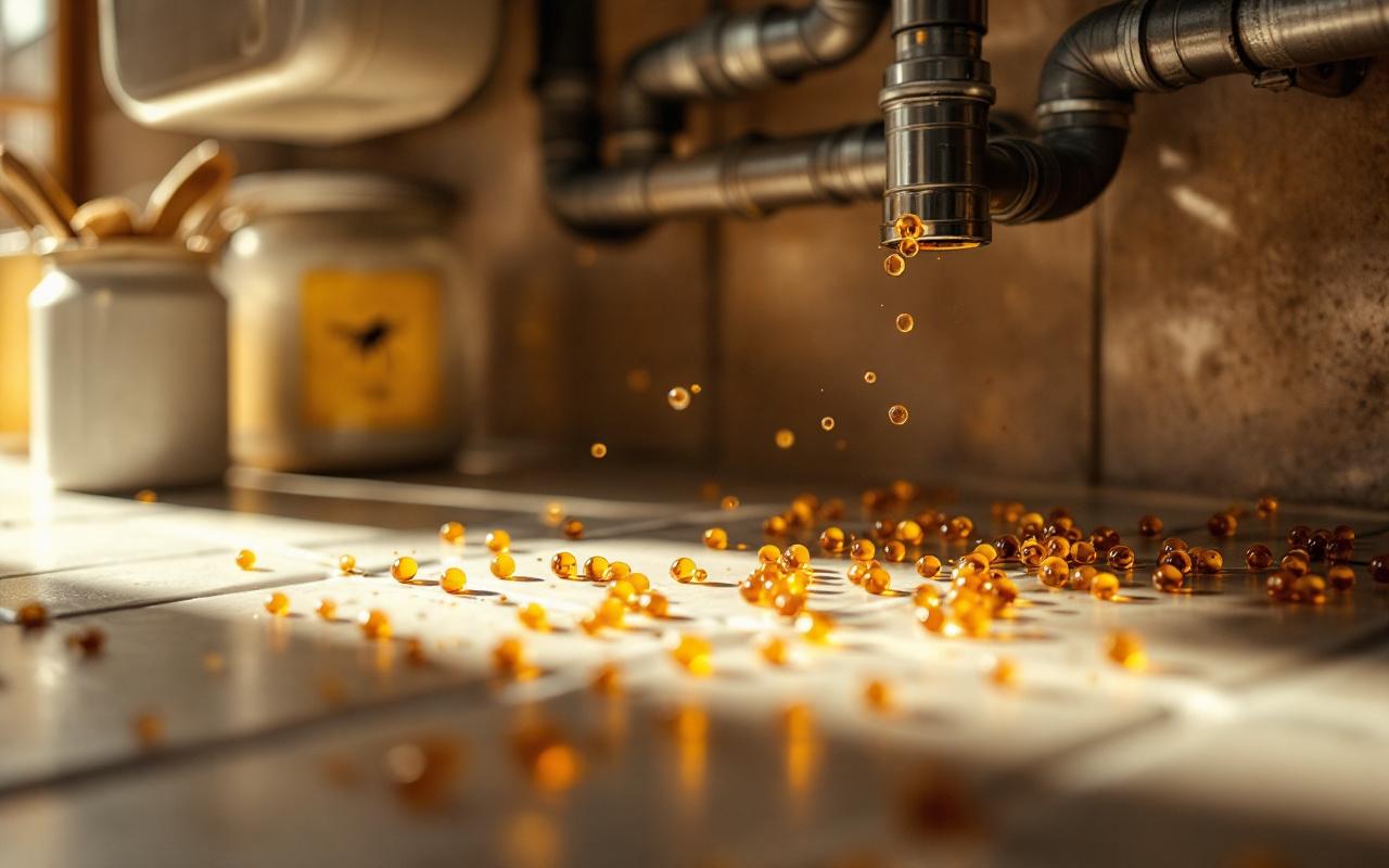 Photo réaliste de petites pastilles de gel appât pour cafards disposées sous un évier de cuisine, sur le sol carrelé près des tuyaux, ambiance légèrement sombre avec une lumière volumétrique douce mettant en valeur les détails