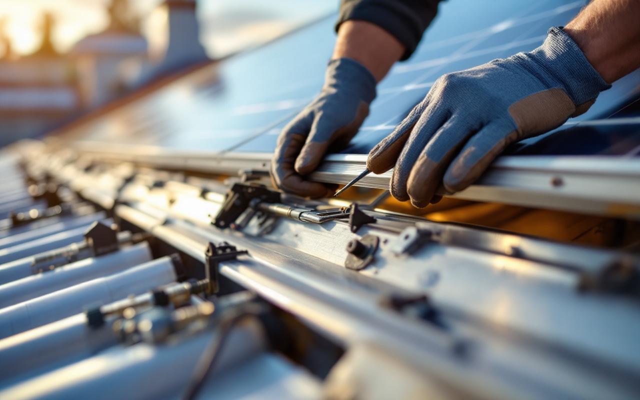Gros plan d'un panneau solaire posé sur la boîte d'un volet roulant pendant l'installation, mains d'un installateur gantées tenant un tournevis, vis et câbles visibles, lumière dorée du soleil, arrière-plan de toit et ciel bleu.