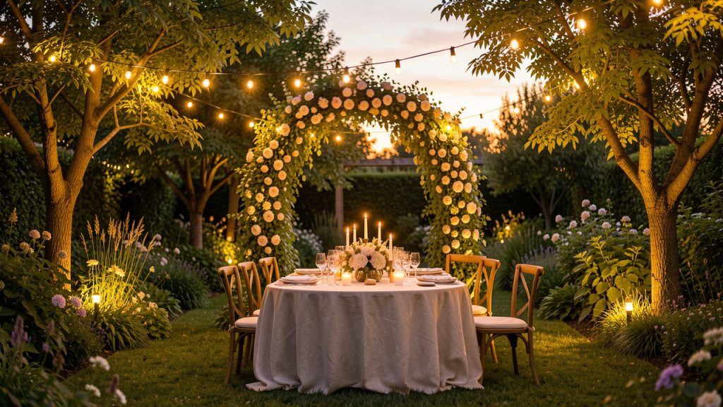 Jardin élégant décoré pour une fête estivale au crépuscule, avec guirlandes lumineuses, table raffinée et arche fleurie.