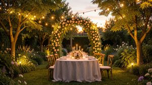 Jardin élégant décoré pour une fête estivale au crépuscule, avec guirlandes lumineuses, table raffinée et arche fleurie.