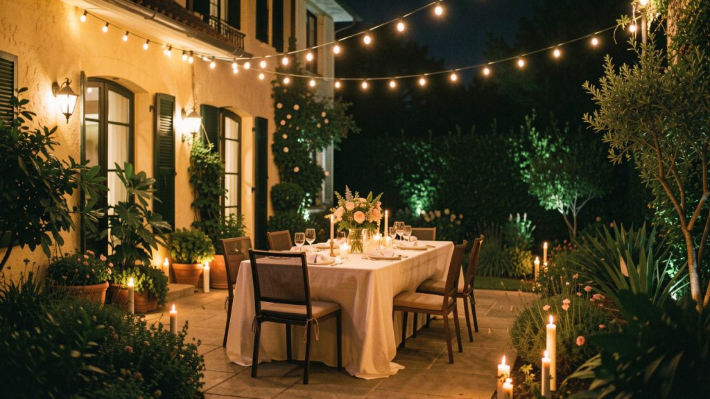 Terrasse de maison élégamment décorée pour une fête nocturne, illuminée par des guirlandes et entourée d’un jardin fleuri.