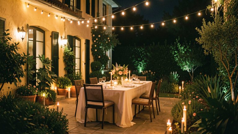 Terrasse de maison élégamment décorée pour une fête nocturne, illuminée par des guirlandes et entourée d’un jardin fleuri.