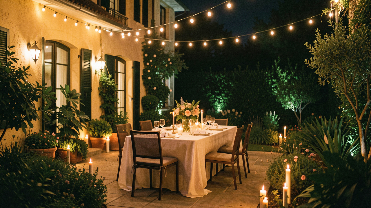 Terrasse de maison élégamment décorée pour une fête nocturne, illuminée par des guirlandes et entourée d’un jardin fleuri.