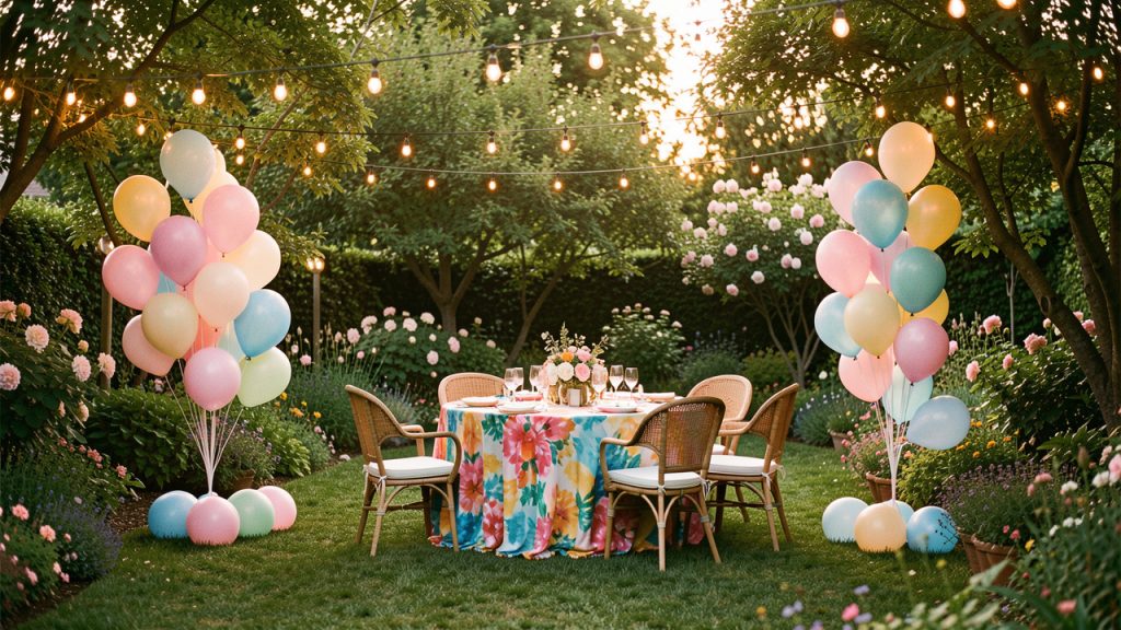 Décoration de fête élégante dans le jardin d’une maison, avec une table colorée, des ballons pastel et des guirlandes lumineuses parmi les arbres et les fleurs.