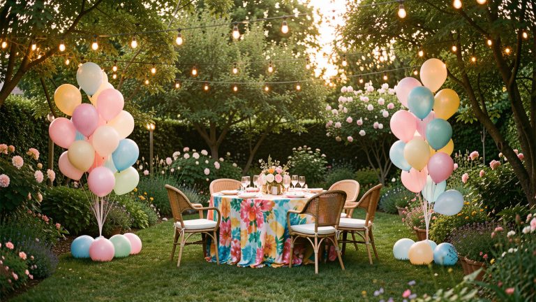 Décoration de fête élégante dans le jardin d’une maison, avec une table colorée, des ballons pastel et des guirlandes lumineuses parmi les arbres et les fleurs.