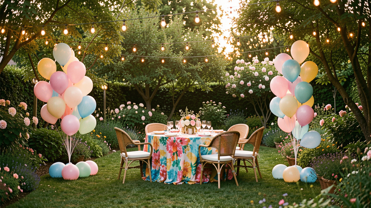 Décoration de fête élégante dans le jardin d’une maison, avec une table colorée, des ballons pastel et des guirlandes lumineuses parmi les arbres et les fleurs.
