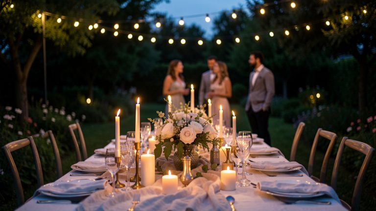 Jardin élégant au crépuscule avec une table de fête illuminée, des guirlandes lumineuses et des invités flous en arrière-plan.