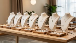 Boutique de décoration chaleureuse avec un présentoir à bijoux en bois clair, des bustes pour colliers, des plateaux de bagues et une lumière blanche douce.