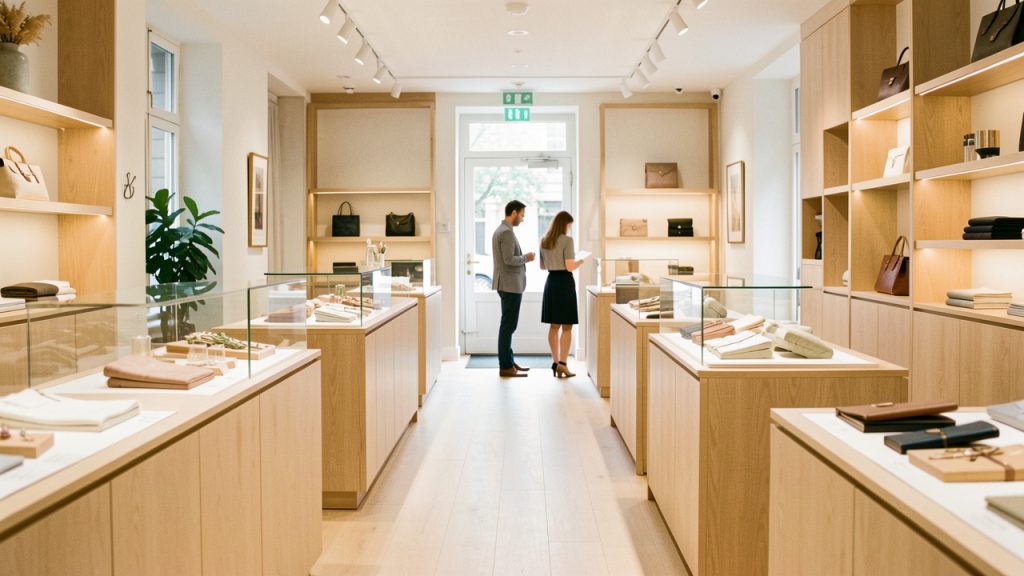 Intérieur lumineux d’une boutique élégante avec un parcours dégagé, du mobilier en bois clair, un éclairage chaleureux et deux clients flous à l’arrière-plan.