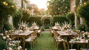 Jardin de maison élégamment décoré pour une réception de mariage conviviale, avec des tables fleuries et des guirlandes lumineuses.