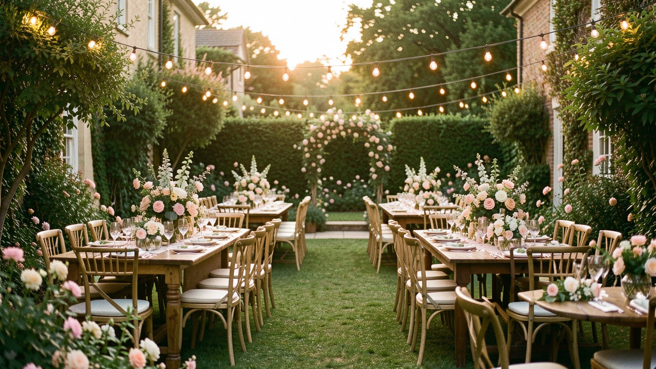 Jardin de maison élégamment décoré pour une réception de mariage conviviale, avec des tables fleuries et des guirlandes lumineuses.