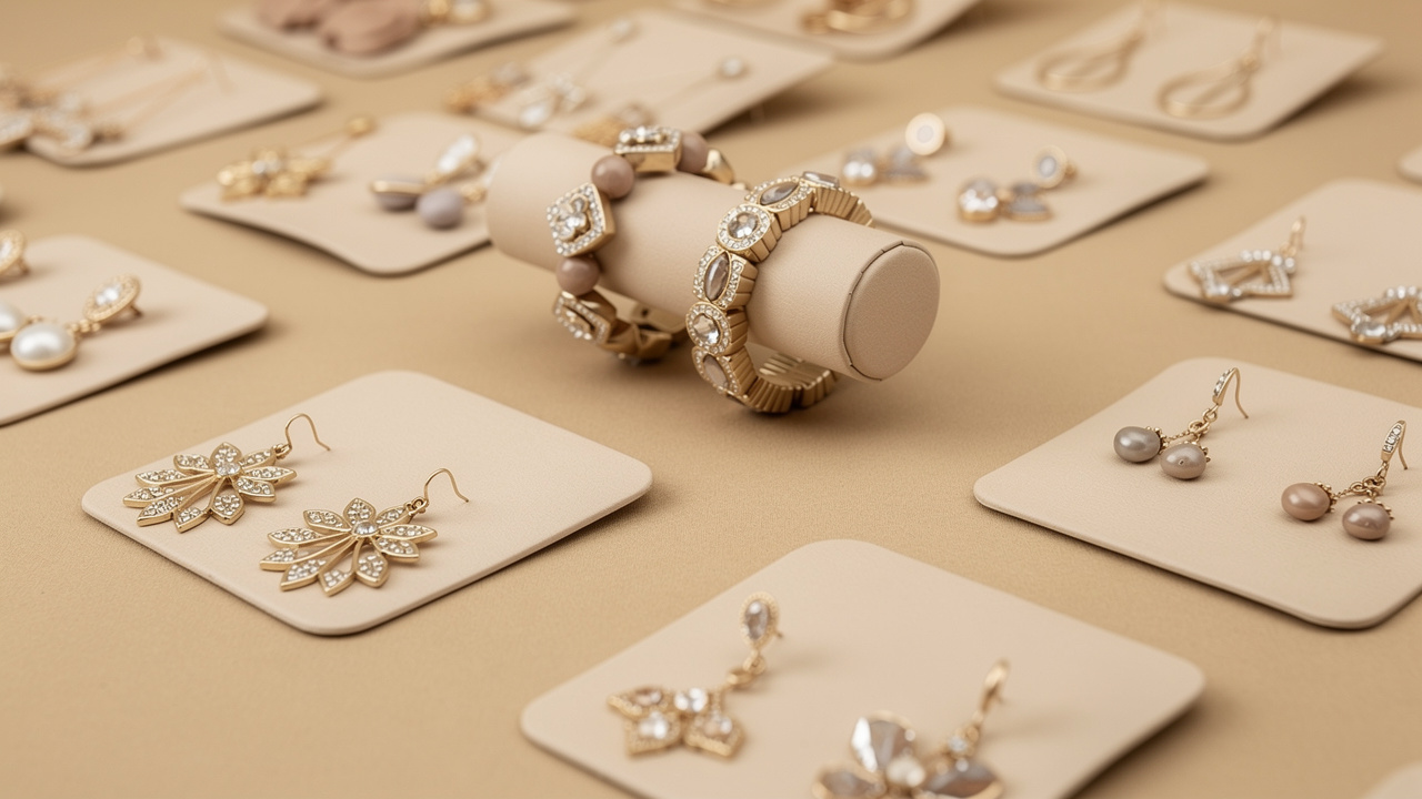 Gros plan d’un présentoir aéré de bijoux fantaisie avec des boucles d’oreilles sur des cartes vierges et des bracelets disposés sur des supports cylindriques, sur un fond beige mat.