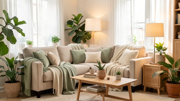 Salon lumineux et chaleureux avec un canapé beige, des textiles doux, des plantes vertes, du mobilier en bois naturel et des éclairages feutrés.
