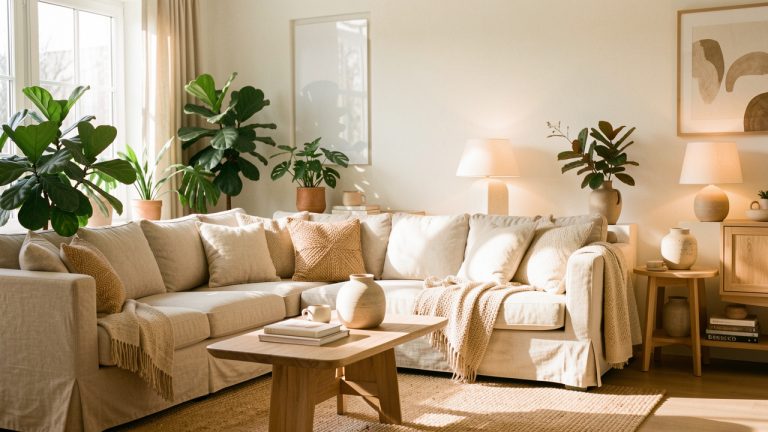 Salon lumineux et chaleureux avec des textiles beiges, des plantes vertes, des lampes d’appoint et une décoration naturelle élégante.