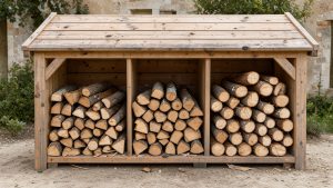 Abri à bois domestique en bois clair, rempli de bûches rangées en trois piles distinctes dans le jardin d’une maison française.