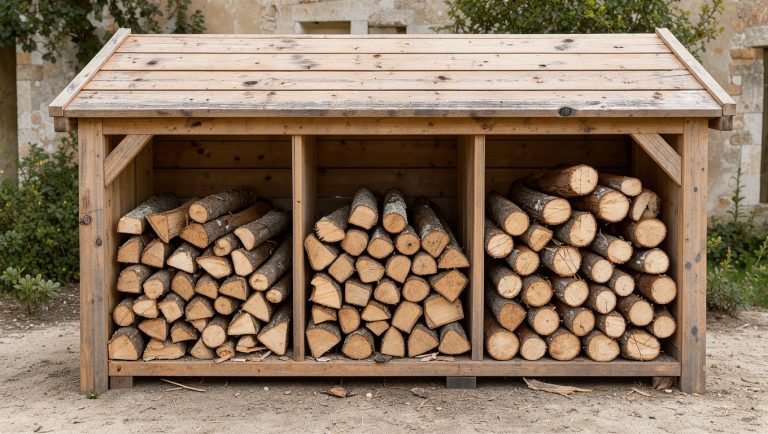 Abri à bois domestique en bois clair, rempli de bûches rangées en trois piles distinctes dans le jardin d’une maison française.