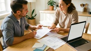 Un homme et une femme examinent ensemble des documents vierges de projet de cuisine sur une table lumineuse, avec des plans, une facture d’acompte sans inscription et un ordinateur portable.