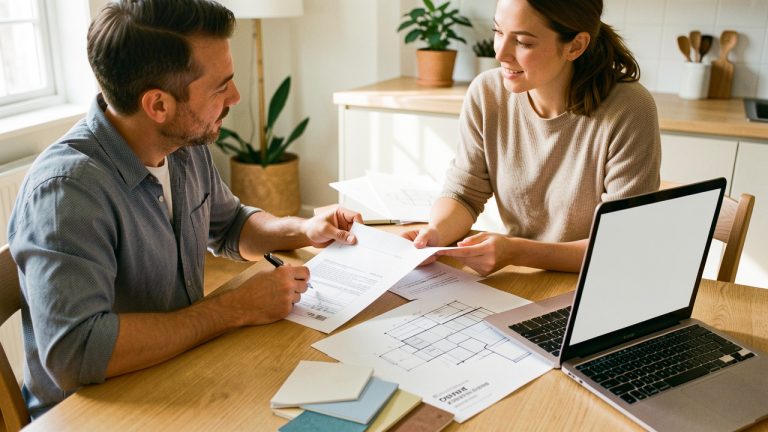 Un homme et une femme examinent ensemble des documents vierges de projet de cuisine sur une table lumineuse, avec des plans, une facture d’acompte sans inscription et un ordinateur portable.