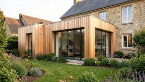 Extension moderne en bois naturel avec grandes baies vitrées dans un jardin français, accompagnée d’une maison existante en arrière-plan sous une lumière douce.