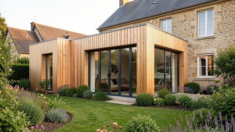 Extension moderne en bois naturel avec grandes baies vitrées dans un jardin français, accompagnée d’une maison existante en arrière-plan sous une lumière douce.