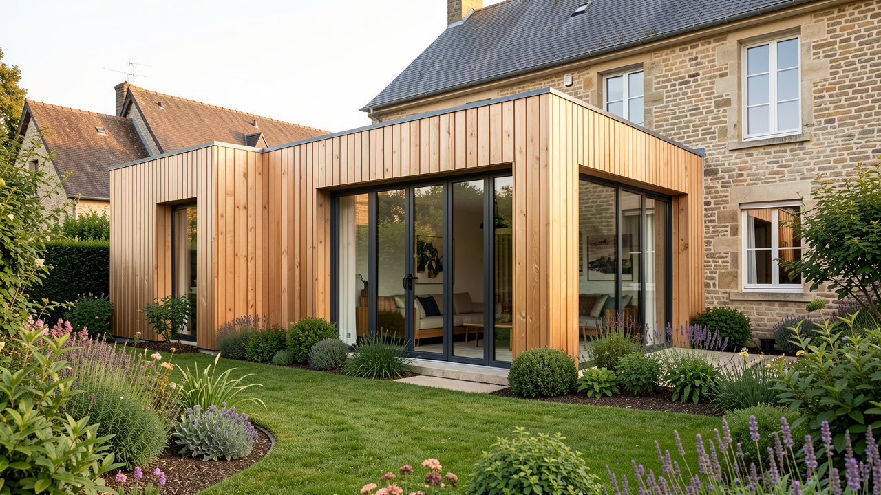 Extension moderne en bois naturel avec grandes baies vitrées dans un jardin français, accompagnée d’une maison existante en arrière-plan sous une lumière douce.