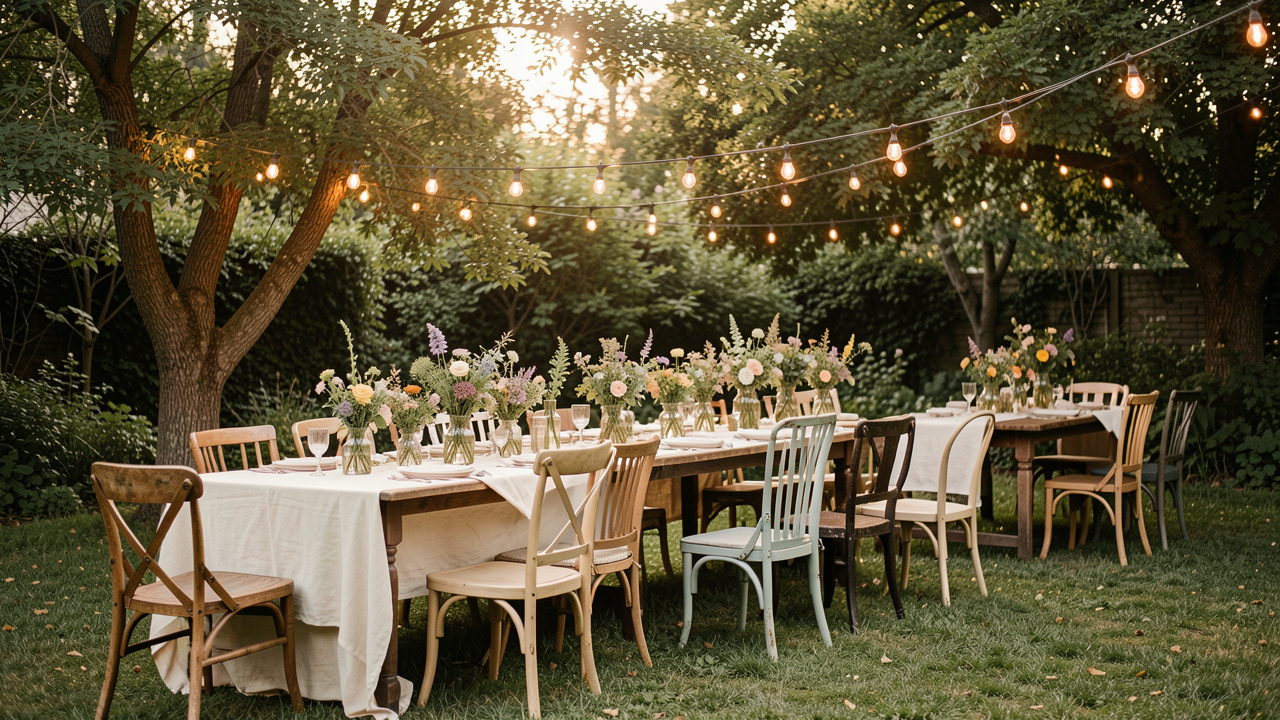 Jardin de maison décoré simplement avec de grandes tables en bois, des chaises dépareillées, des fleurs champêtres et des guirlandes lumineuses pour un lendemain de mariage convivial.