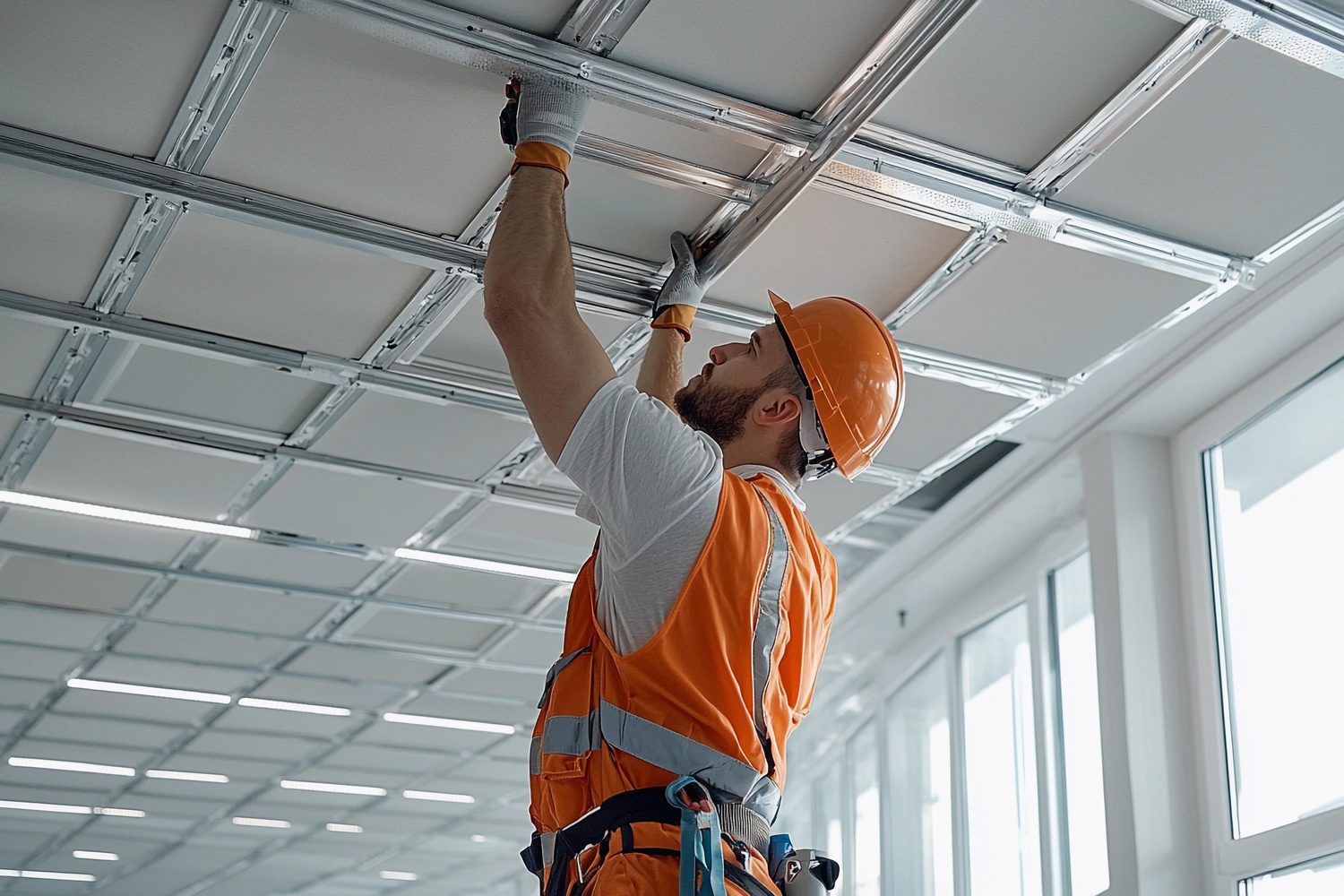 Pose de lambris au plafond dans une pièce en rénovation.